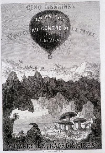 Titelsida: "" Five Weeks in Balloon" och "Journey to the Center of the Earth"" av Jules Verne, sd. Editions Hetzel under det allmänna namnet "" Les Voyages Extraordinary"" av French School