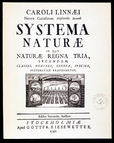 Titelsidan "" Naturliga system"" av Linné av French School