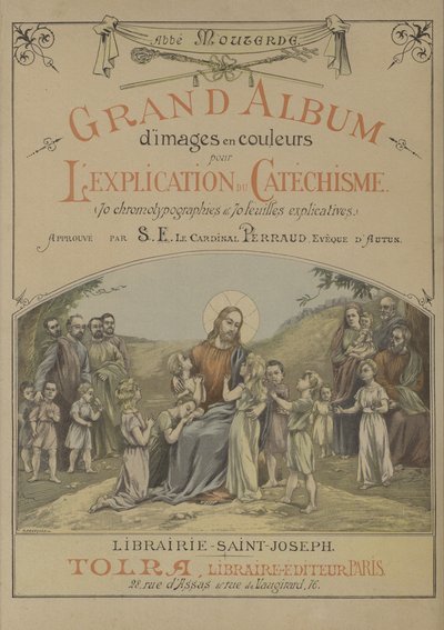 Titelsida för stort album med färgade bilder för förklaringen av katekesen (färg litho) av French School