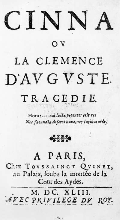 Titelsidan av Cinna ou la Clemence dAuguste av Pierre Corneille (1606-84) publicerad 1643 av French School
