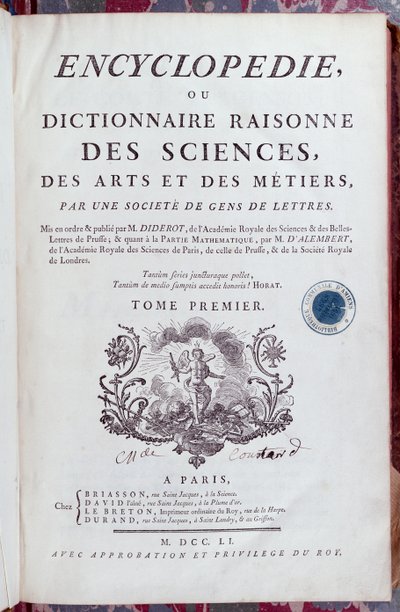Titelsidan till Encyclopedia av Denis Diderot (1713-84), publicerad i Paris 1751 (se även 157777) av French School