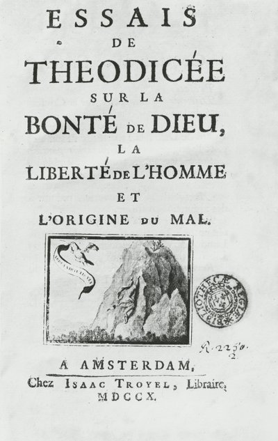 Titelsidan för "Teodicéernas uppsatser om Guds godhet, människans frihet och ondskans ursprung", av Gottfried Leibniz av French School