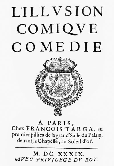 Titelsidan för LIllusion Comique av Pierre Corneille (1606-84) publicerad 1639 av French School