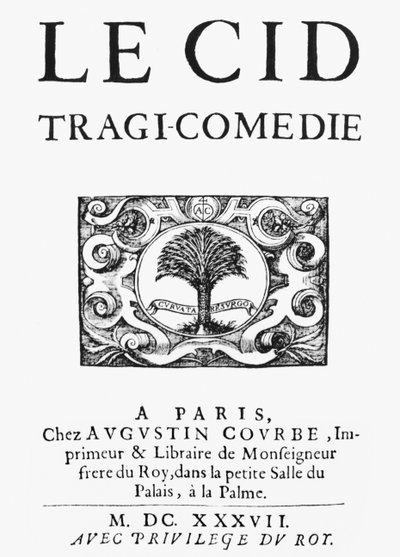 Titelsidan till Le Cid (1637) av Pierre Corneille (1606-84) publicerad 1637 av French School