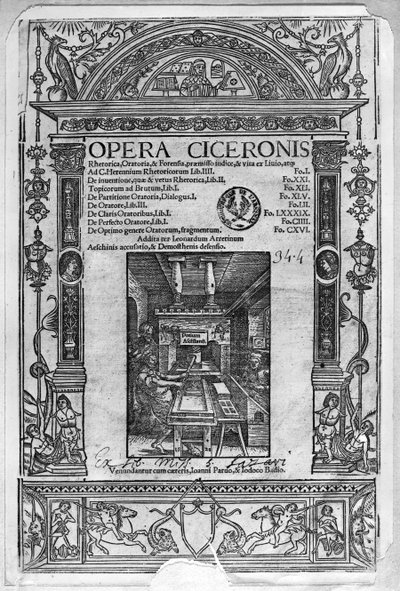 Titelsidan för Opera Ciceronis, publicerad 1520 av French School