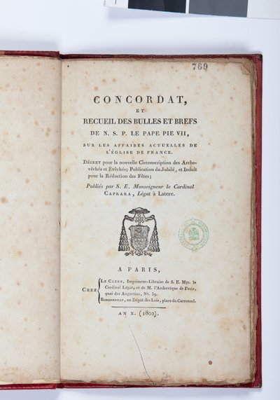 Titelsidan för Concordat et Recueil des Bulles et Briefs de N. S. P. le Pape Pius VII, utgiven av Giovanni Battista Caprara, Paris, Chez Le Clers, 1802 (tryckt papper) av French School