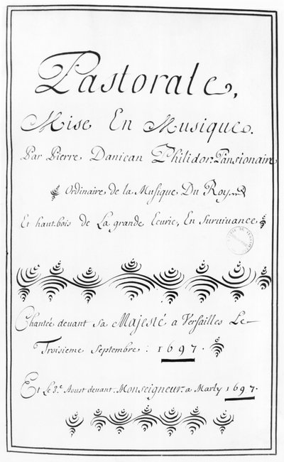 Titelsidan för Pastorale av Pierre Danican Philidor (1681-1731) 1697 av French School