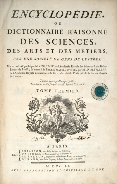 Titelsidan för den första volymen av Encyclopedia av Denis Diderot och Jean le Rond dAlembert, 1751 av French School