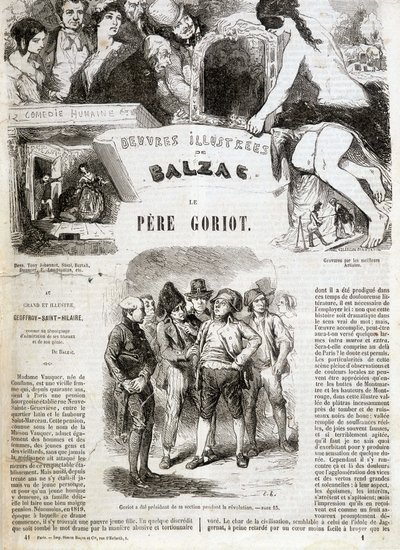 Titelsidan för den ursprungliga utgåvan av Balzacs roman "" Fader Goriot"" i "" Illustrerade verk av Balzac"": "" Goriot var ordförande för sektionen under revolutionen"" . ¿ av French School