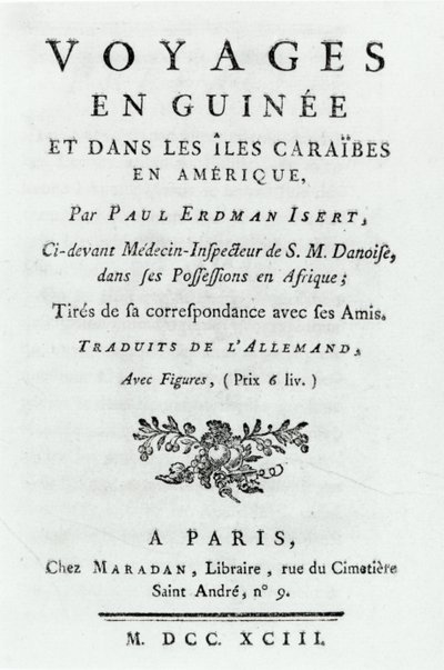 Titelsida för Travels in Guinea and the Caribbean Islands in America av Paul Erdman Isert, publicerad 1743 av French School