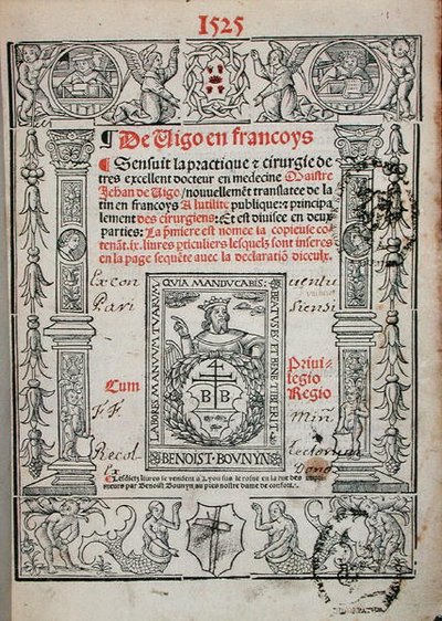 Titelsida från en bok om kirurgi av Jean de Vigo (1460-1525) 1525 (träsnitt) av French School