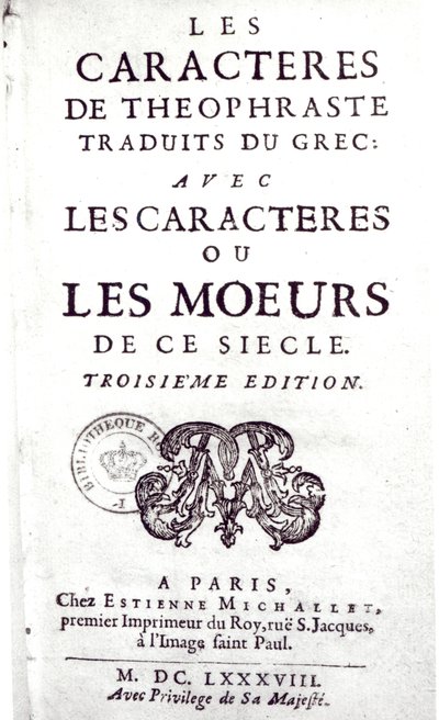 Titelsidan för The Characters of Theophraste översatt från grekiskan, med Characters or the manners of this century av La Bruyere (1645-96) 1688 av French School