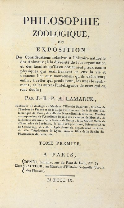 Titelsidan för "Zoologisk filosofi" av Jean-Baptiste Lamarck, publicerad i Paris, 1809 av French School