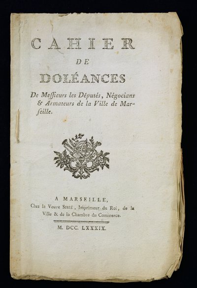 Titelsidan för boken med klagomål för deputerade, köpmän och skeppsägare i Marseille, 1789 av French School
