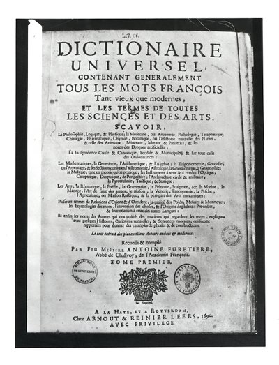 Titelsida för Dictionnaire Universel av Antoine Furetiere (1619-88) 1690 (tryckt) av French School