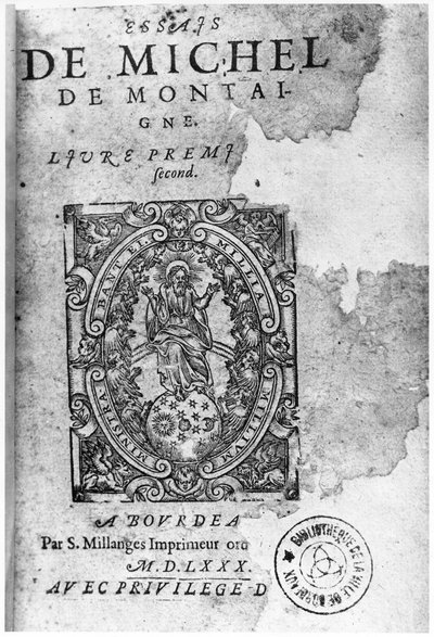 Titelsidan för den första upplagan av Essais av Michel de Montaigne (1533-92) 1580 av French School