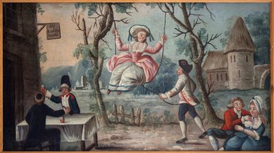 Till de tre återförenade orden. Prästen, adeln och tredje staten (tredje staten) återförenades i en krog. En ung kvinna svingar henne. Målade tecken på cocardes köpman, skulle komma från det kungliga slottet, anonym målning, revolutionär period av French School