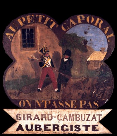 Tole inn skylt "" Till den lille korpralen""" 1850 om med Napoleon I. Ön Aix, Napoleonska museet av French School
