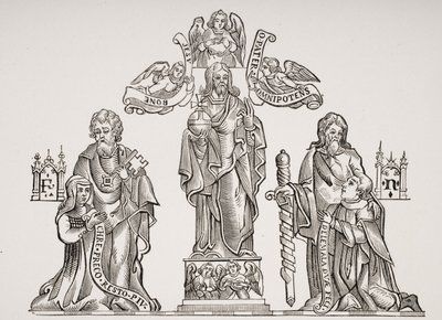 Gravdekoration föreställande Nicholas Flamel (c.1330-c.1418) och hans hustru Pernelle, efter dekorationer på de oskyldigas kyrkogård, Paris, från Le Moyen Age et La Renaissance av Paul Lacroix (1806-84) av French School