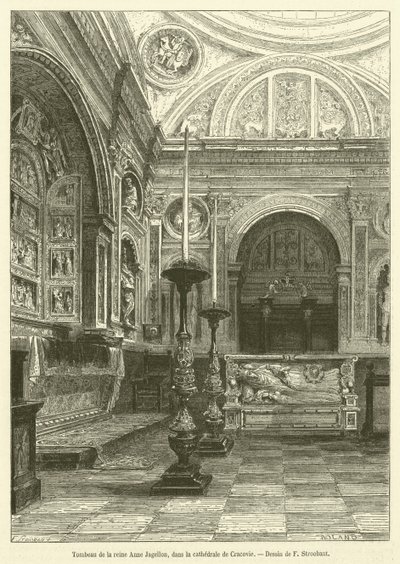 Drottning Anne Jagiellons grav i Krakows katedral (gravyr) av French School