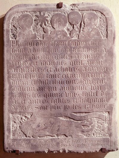 Gravstenen över Nicolas Flamel, ursprungligen från kyrkan Saint-Jacques-de-la-Boucherie, 1418 av French School