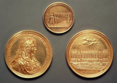 Överst: Recto = Les Revues, 1680 av Thomas Bernard; Nederst: tergo = Profil av Ludvig XIV, recto = Louvrens pelargång, Bernini-projekt av Jean Warin III (1604-72) (guld) av French School