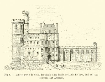 Nesle torn och port, faksimil av en teckning av Louis Le Vau, ritad 1665, bevarad i arkivet av French School