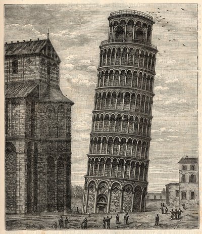 Tornet i Pisa - Torre di Pisa - Tour de Pisa - Gravyr i "" Vetenskaper till allas galler - Populär fysik och kemi" av Alexis Clerc - Slutet av 1800-talet - Privat samling av French School