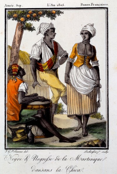 Traditionell dans: Martiniques invånare dansar chica. Gravyr från 1805. Chartres, Museum of Fine Arts av French School
