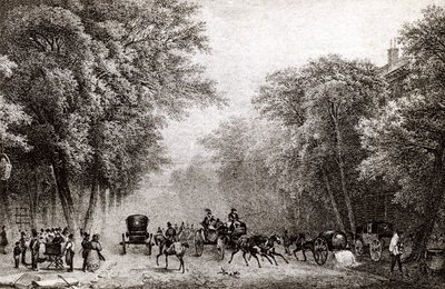 Trafik i Paris, Frankrike, på 1800-talet, cirka 1830 av French School