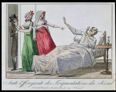 Tragisk konsekvens av att besöka bordeller, karikatyr av en syfilitiker, ca 1800 (färgstick) av French School