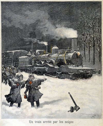 Tåget tvingades stanna av snö. Illustration av tidningen "" Le Petit Parisien"" från mars 1892. av French School