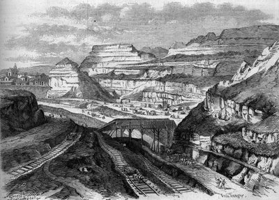 Förvandlingar av Paris under det andra imperiet, Haussmannska Paris: förvandling till en park av Buttes-Chaumonts gipsbrott (Buttes Chaumont). Gravyr i ""Le Monde Illustre"" nr 306 den 21 februari 1863. av French School