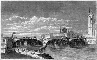 Förvandlingar av Paris under det andra imperiet, Haussmann Paris: utsikt över Pont au Change under dess återuppbyggnad. Gravyr i "" Le Monde Illustré"" nr 169 av den 7 juli 1860. av French School
