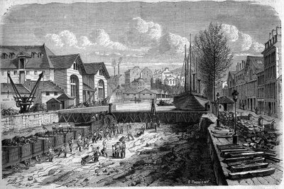 Förvandlingar av Paris under det andra imperiet, Haussmann Paris: arbeten utförda för att sänka vattenkroppen i Canal Saint Martin. Gravyr i "" Le Monde Illustré"" nr 143 av 7 januari 1860. av French School