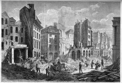Förvandlingar av Paris under det andra imperiet, Paris Haussmann: rivning av Rue de la Barillerie för piercing av Boulevard Sebastopol. Gravyr i "" Le Monde Illustré"" nr 126 av 10 september 1859. av French School