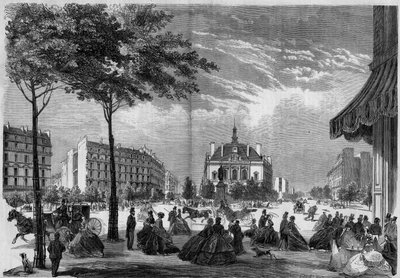 Förvandlingar av Paris under det andra imperiet, Paris Haussmann: det nya rådhuset i XI arrondissementet i Paris. (Du kan se Voltaire Boulevard och Parmentier Avenue). Gravity från 1865. av French School