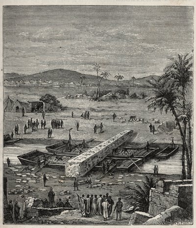 Transport av obelisken av Ptolemaios Philadelph (Ptolemaios Philadelphos) (Ptolemaios II) på Nilen till Alexandria - Gravyr i "" Vetenskaper tillgängliga för alla - Populär fysik och kemi"" av Alexis Clerc - Slutet av 1800-talet - Privat samling av French School