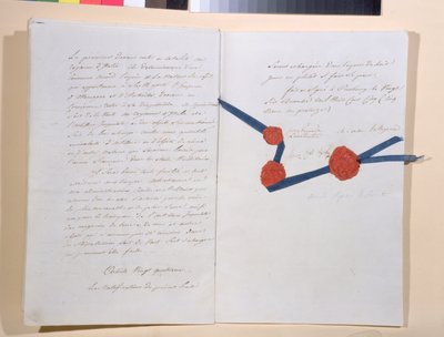 Fördrag mellan Napoleon I (1769-1821) och kejsar Franz II (1768-1835), undertecknat i Presburg den 26 december 1805 (penna och bläck på papper) av French School