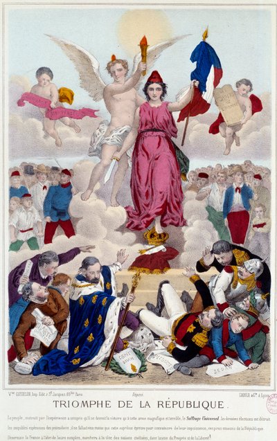 Republikens triumf, gravyr från 1875. Allegori om allmän rösträtt som förgör republikens fiender: "[...] Men Frankrike är skyddat från deras konspiration och går i spetsen för de civiliserade nationerna på framstegets och frihetens väg". av French School