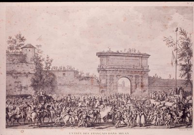 De franska trupperna under Napoleon Bonaparte intar Milano i triumf den 15 maj av French School