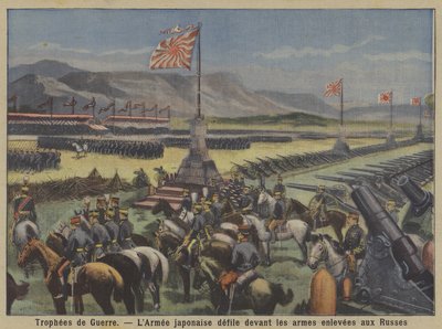 Krigets troféer: den japanska armén paraderar inför rysk beväpning som fångats i det rysk-japanska kriget (färg litho) av French School