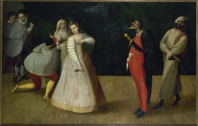 Trupp med italienska komiker (Gelosi), ca 1580 (olja) av French School