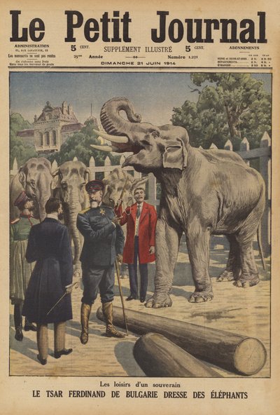 Tsar Ferdinand I av Bulgarien tränar elefanter (färg litho) av French School