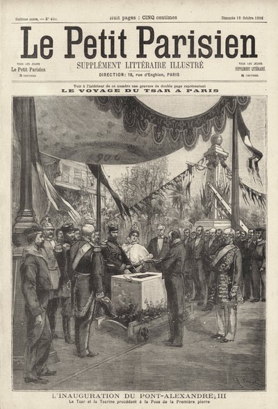 Tsar Nicholas II och Tsarina Alexandra av Ryssland vid en ceremoni som lägger den första stenen till Pont Alexandre III i Paris under deras besök i Frankrike av French School