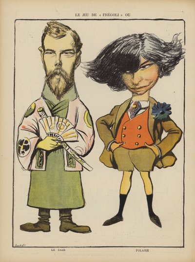 Tsar Nicholas II av Ryssland och franska skådespelerskan Polaire. Illustration för Le Rire (färg litho) av French School