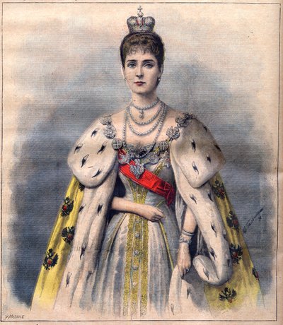 Tsarina Alexandra av Ryssland i sina kröningskläder - Tsarina Alexandra Fiodorovna i det heligas kostym. Illustration för Le Petit Journal, 24 maj 1896 (gravyr) av French School
