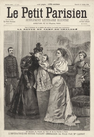 Tsarina Alexandra av Ryssland bjuder in Frankrikes president Sadi Carnots änka att kyssa sin dotter, storhertiginnan Olga, under den ryska kejsarfamiljens besök i Paris av French School