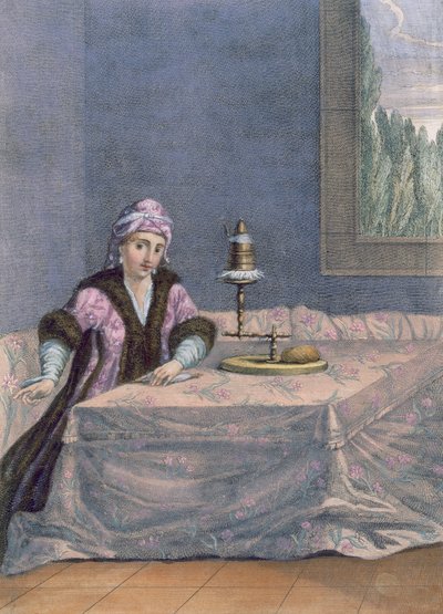 Turkisk kvinna spinnar tråd, c.1708 av French School