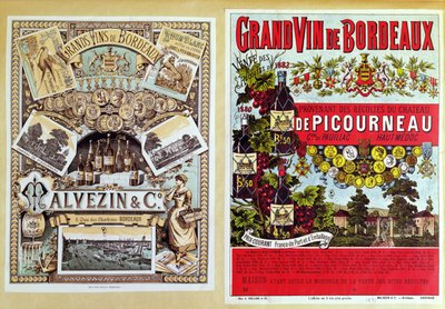 Två annonser för Malevezin and Company-distributörer och vingården Chateau de Picourneau, från Bordeaux-regionen, sent 1800-tal av French School